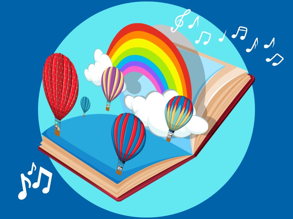 image of an open book with a rainbow, hot air balloons, and music notes coming out of it.