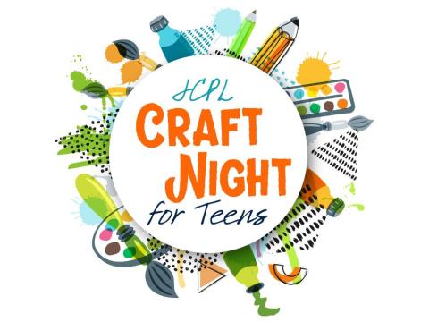 A colorful graphic with paint and art tools on it. The words "JCPL Craft Night for Teens" are displayed.