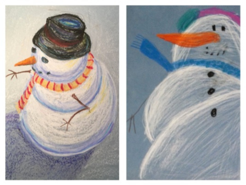 Two snowman drawings from different perspectives