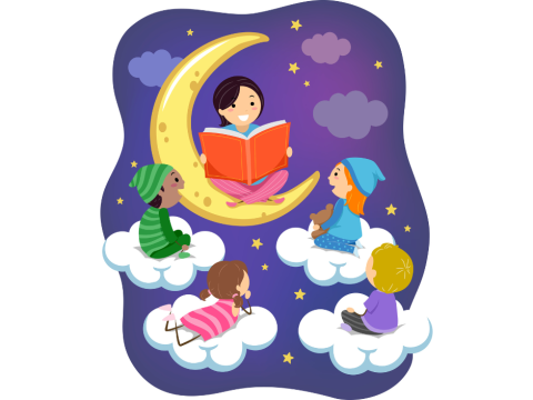 Person sitting on moon reads story to children on clouds