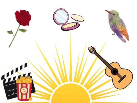 popcorn, rose, bird, guitar and sun