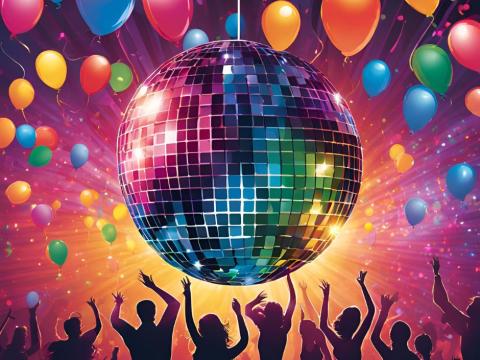 Teen dancing with balloons and a disco ball