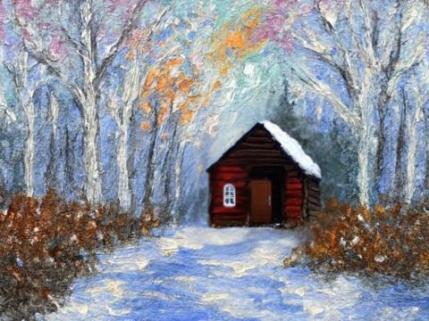 Cabin set in a winter scene