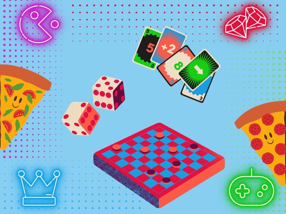 Pizza Slices, cards dice and chess board