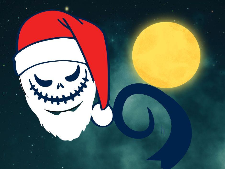 Nightmare before Christmas character in a Santa hat with a moon