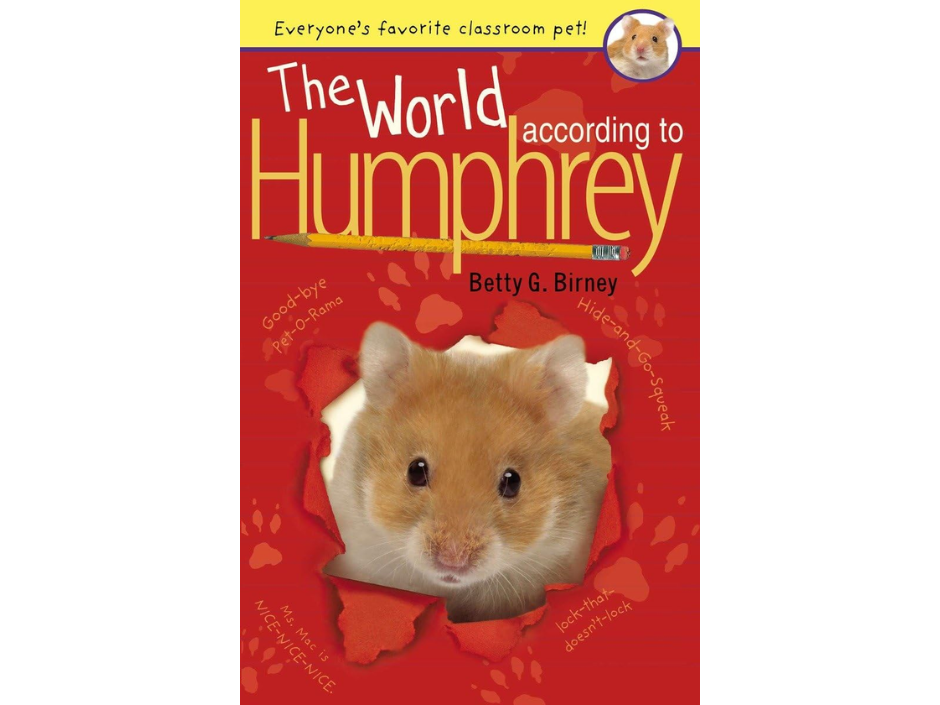 Cover of The World According to Humphrey, red book with hamster