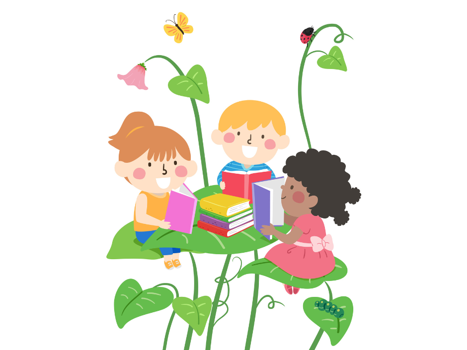 Children reading books on a giant plant