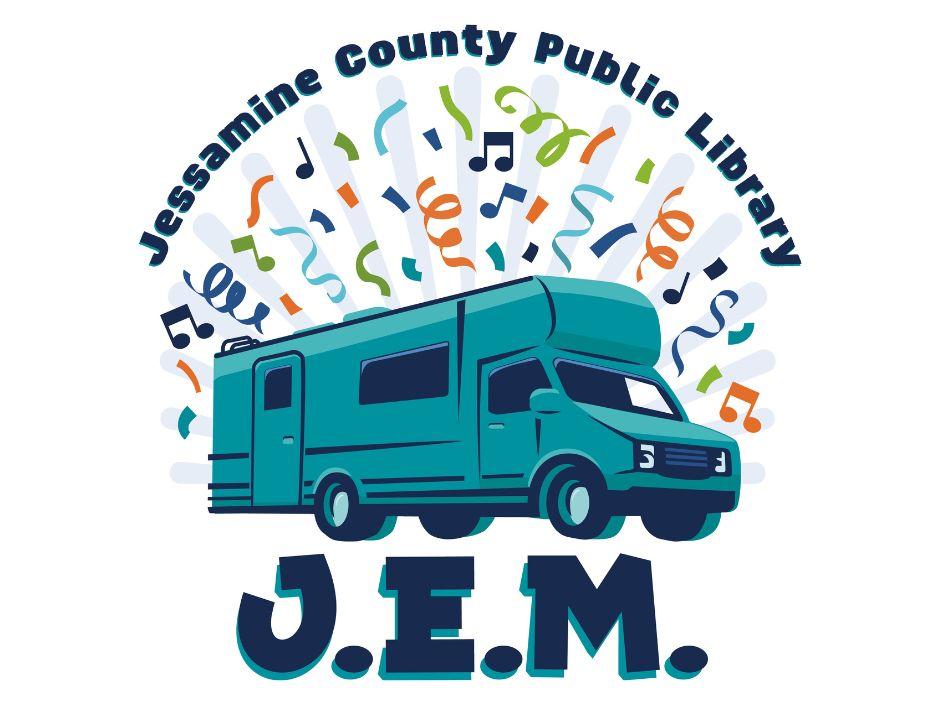 Library name with teal vehicle 