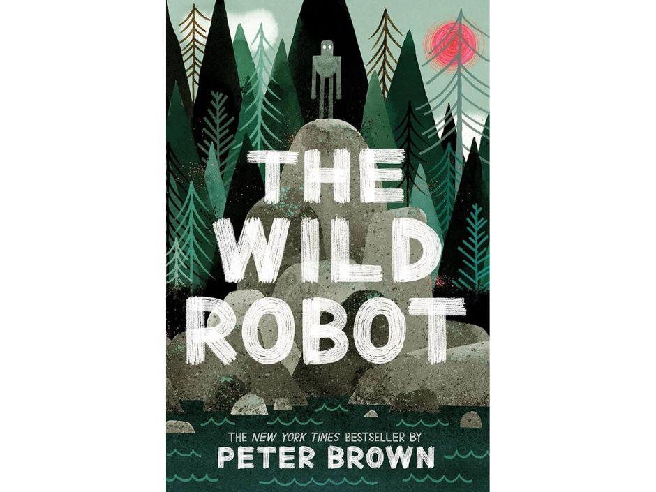 The Wild Robot book cover— robot standing on rock in the forest